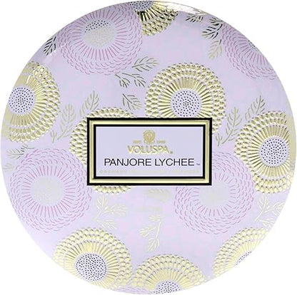 Voluspa Panjore Lychee, 3 Wick Tin Candle, 12 ounce, 40 Hour Burn Time, Coconut Wax for Clean Burning, Handcrafted in the USA