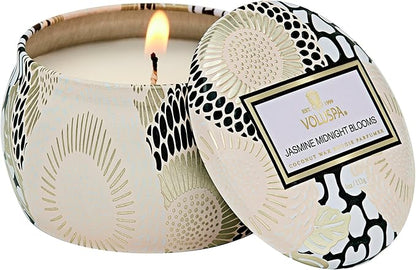 Voluspa Jasmine Midnight Blooms, Mini Tin Candle, 4 oz, 25 Hour Burn Time, Coconut Wax Candle for The Home, Handcrafted in The USA