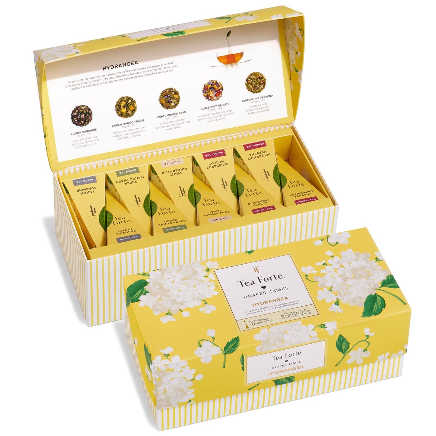 Tea Forte Premium Presentation Box Gift Set Sampler, 20 Count, Assorted Blends Individually Wrapped Handcrafted Pyramid Infuser Bags, Hydrangea