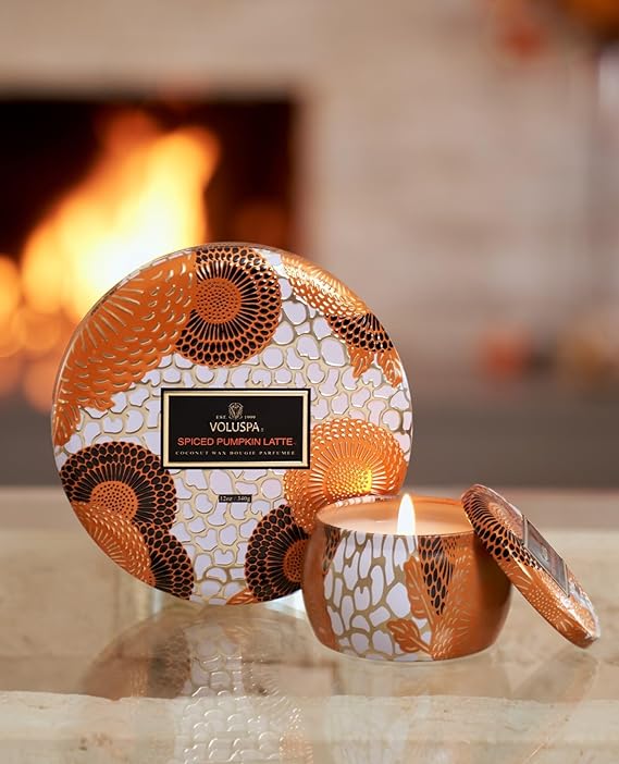 Voluspa Spiced Pumpkin Latte Candle | Mini Tin | 4 Oz. | F Candle | Clean Burning Coconut Wax Candle