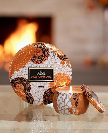 Voluspa Spiced Pumpkin Latte Candle | Mini Tin | 4 Oz. | F Candle | Clean Burning Coconut Wax Candle