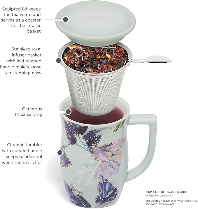 Tea Forte Ceramic Fiore Cup with Handle, Removeable Stainless Steel Infuser Basket and Lid, Steeps 14 oz Loose Leaf Tea, Dishwasher & Microwave Safe, Demoiselle