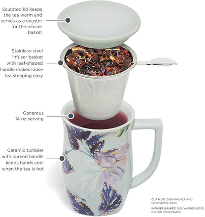 Tea Forte Ceramic Fiore Cup with Handle, Removeable Stainless Steel Infuser Basket and Lid, Steeps 14 oz Loose Leaf Tea, Dishwasher & Microwave Safe, Demoiselle