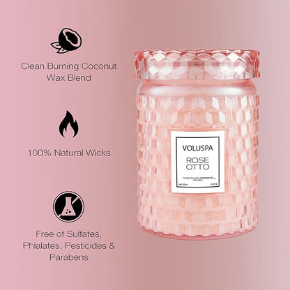 Voluspa Rose Otto, Large Candle Jar, 18 Ounce, 100 Hour Burn Time, Coconut Wax for Clean Burning, Handcrafted in The USA