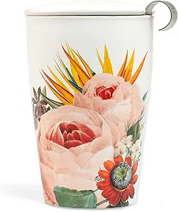 Tea Forte Jubilee Double-Walled Ceramic Kati Cup with Removable Stainless Steel Infuser Basket and Lid, Steeps 12 oz Loose Leaf Tea, Lid and Cup Dishwasher & Microwave Safe
