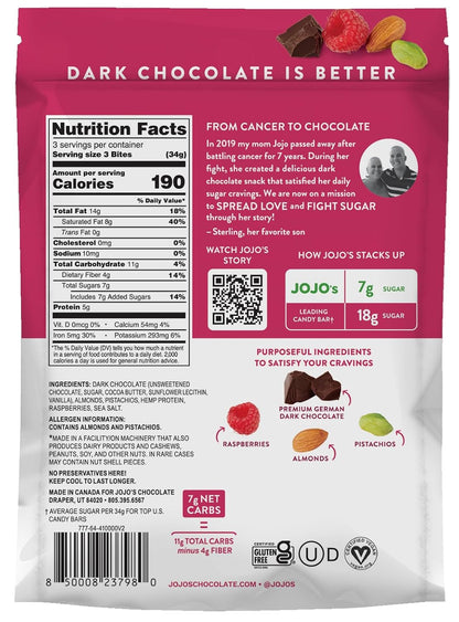 JoJo's Dark Chocolate Raspberries, Almonds, & Pistachio Bites 3.6 oz bags (Case Pack of 6)
