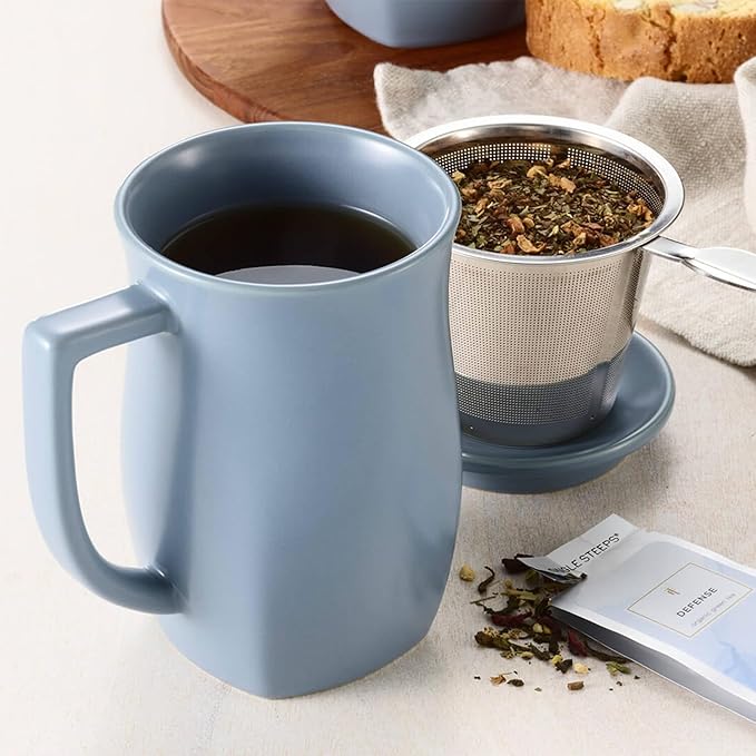 Tea Forte Ceramic Fiore Cup with Handle, Removeable Stainless Steel Infuser Basket and Lid, Steeps 14 oz Loose Leaf Tea, Dishwasher & Microwave Safe, Stone Blue