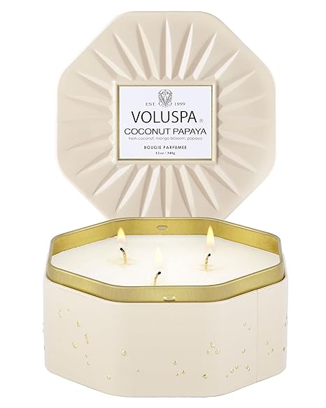Voluspa Coconut Papaya, 3 Wick Tin Candle, 12 Ounces, 40 Hour Burn Time, Coconut Wax for Clean Burning, Handcrafted in The USA