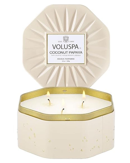 Voluspa Coconut Papaya, 3 Wick Tin Candle, 12 Ounces, 40 Hour Burn Time, Coconut Wax for Clean Burning, Handcrafted in The USA
