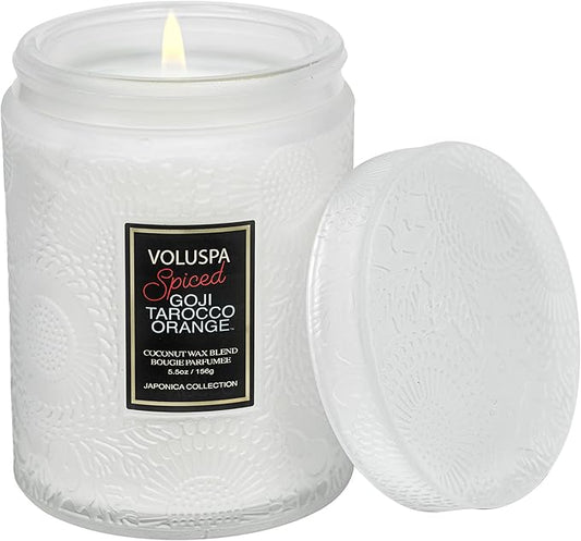 Voluspa Spiced Goji Tarocco Orange, Small Candle Jar, 5.5 Ounces, 50 Hour Burn Time, Coconut Wax for Clean Burning, Handcrafted in The USA