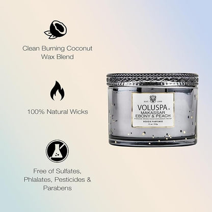 Voluspa Makassar Ebony & Peach, Corta Maison Boxed Candle, 11 oz, 45 Hour Burn Time, Coconut Wax for Clean Burning, Handcrafted in The USA