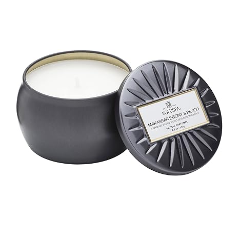 Voluspa Makassar Ebony & Peach, Mini Tin Candle, 4 oz, 25 Hour Burn Time, Coconut Wax for Clean Burning, Handcrafted in The USA