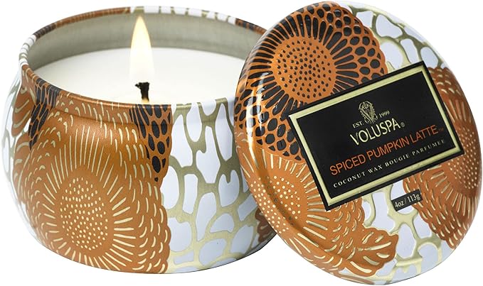 Voluspa Spiced Pumpkin Latte Candle | Mini Tin | 4 Oz. | F Candle | Clean Burning Coconut Wax Candle