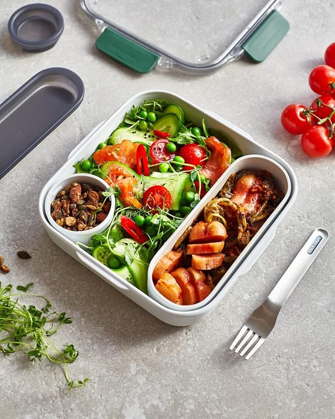 Black+Blum | BPA-Free, Leak-Proof Microwave Safe Bento Box Style Compartment Food Container, with Stainless-Steel Fork, Olive, 1000 ml/ 34f l oz