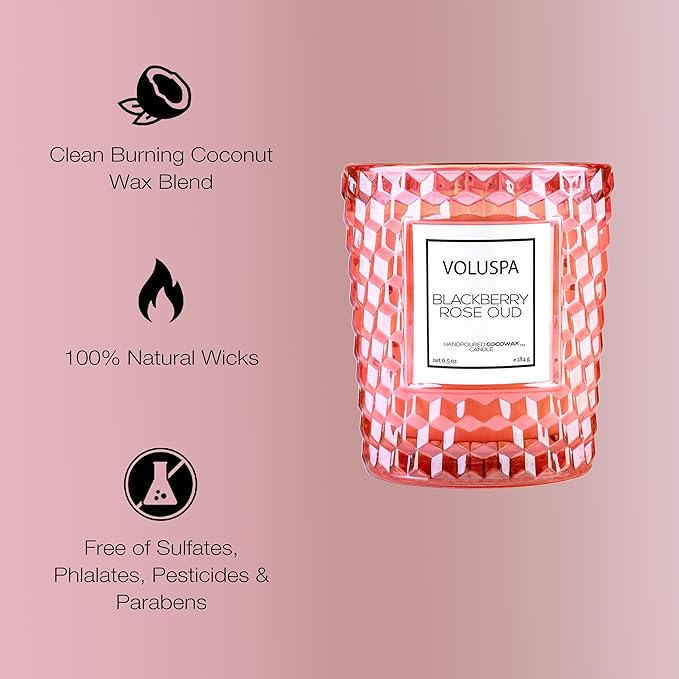 Voluspa BlackBerry Rose Oud, Classic Candle Jar, 6.5 oz, 40 Hour Burn Time, Coconut Wax for Clean Burning, Handcrafted in The USA