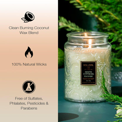 Voluspa White Cypress,Large Candle Jar,18 Ounce,100 Hour Burn Time, & Coconut Wax for Clean Burning,,Handcrafted in the USA