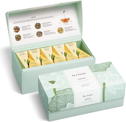 Tea Forte Lotus Relaxing Tea, Presentation Box Sampler Gift Set, Assorted Variety Handcrafted Pyramid Infuser Bags, Black, Green, Oolong, White, Herbal, 20 Count