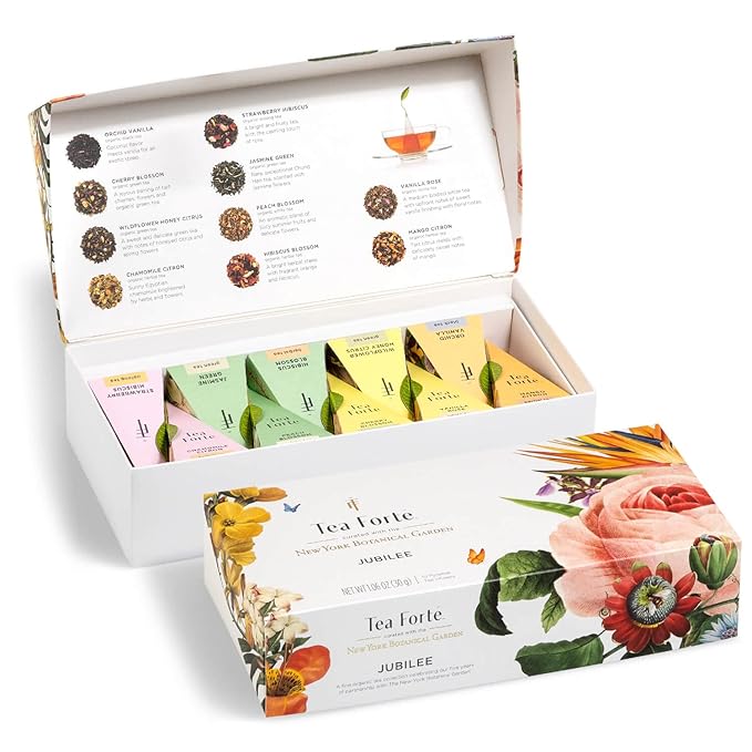 Tea Forte, Jubilee Petite Presentation Sampler Gift Box, Pyramid Infusers With Organic Loose Leaf, Green, Black, White, Herbal Assorted Tea, 1 Count