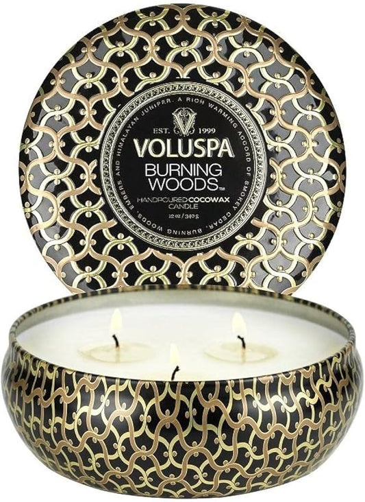 Voluspa Burning Woods Candle, 3 Wick Tin Candle Jar, 12 oz, 40 Hour Burn Time, Coconut Wax Candle for The Home, Handcrafted in The USA