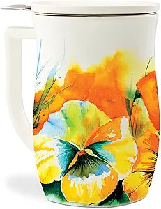 Tea Forte Ceramic Fiore Cup with Handle, Removeable Stainless Steel Infuser Basket and Lid, Steeps 14 oz Loose Leaf Tea, Dishwasher & Microwave Safe, Wild Poppy
