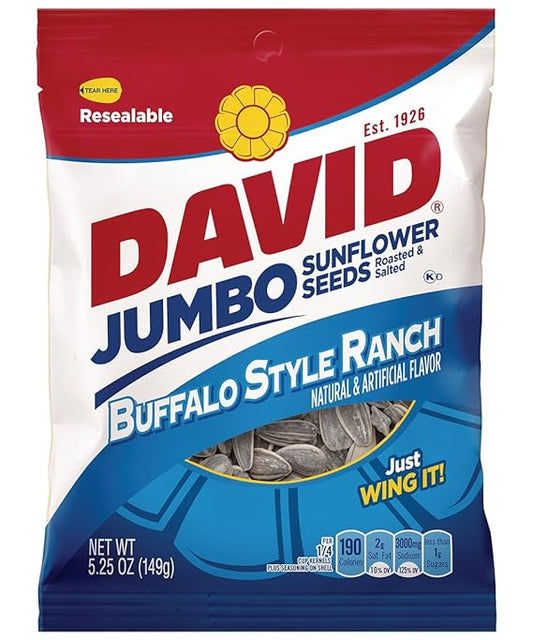 DAVID Jumbo Buffalo Ranch Sunflower Seeds 5.25 oz bags - Salted & Roasted.