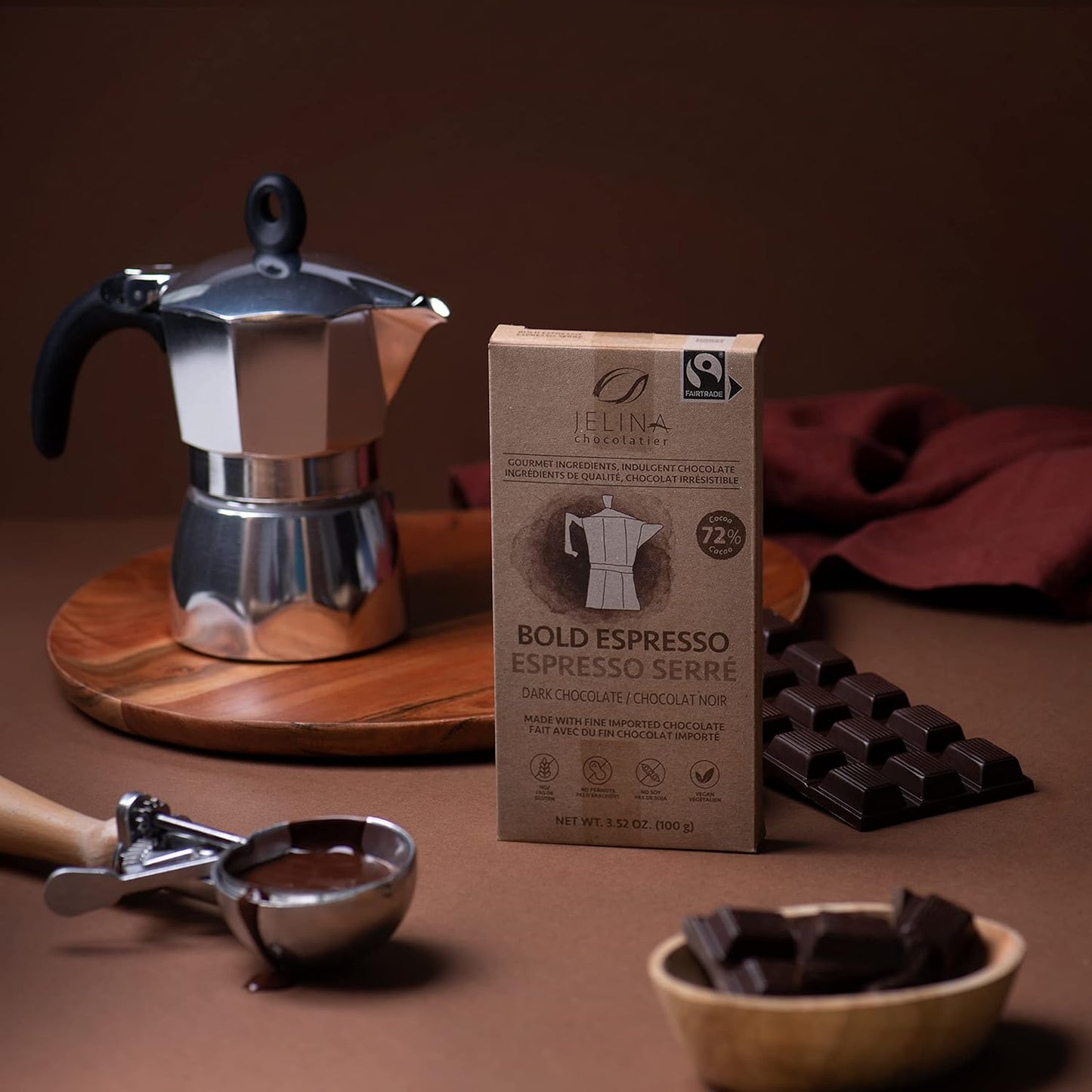 Jelina Chocolatier | 8 Pack 72% Dark Chocolate Espresso Bar | Fair Trade Chocolate Bars | Imported, Non-GMO, Natural Chocolates - 3.52oz Each