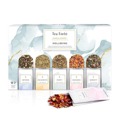 Tea Forte Single Steeps Loose Leaf Wellness Tea Sampler, Assorted Variety Tea Box, Single Serve Pouches, 15 Count