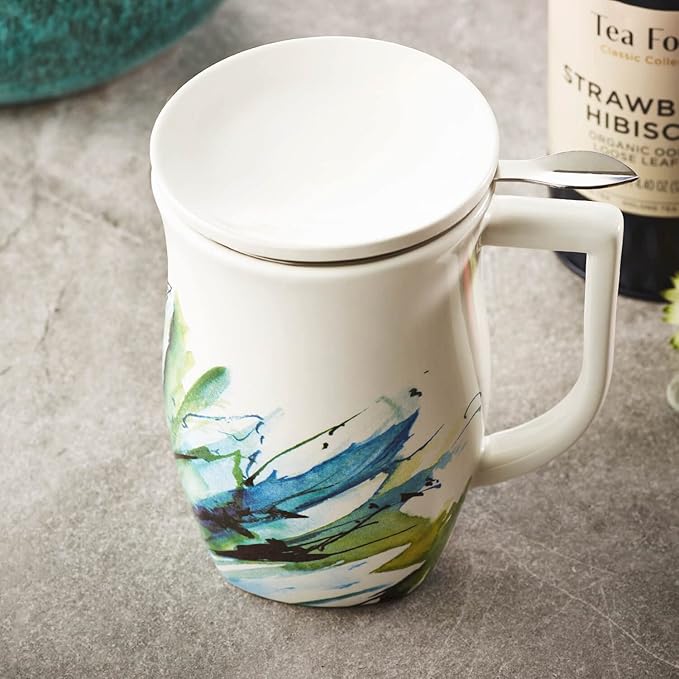 Tea Forte Ceramic Fiore Cup with Handle, Removeable Stainless Steel Infuser Basket and Lid, Steeps 14 oz Loose Leaf Tea, Dishwasher & Microwave Safe, Blue Agave