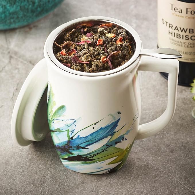 Tea Forte Ceramic Fiore Cup with Handle, Removeable Stainless Steel Infuser Basket and Lid, Steeps 14 oz Loose Leaf Tea, Dishwasher & Microwave Safe, Blue Agave