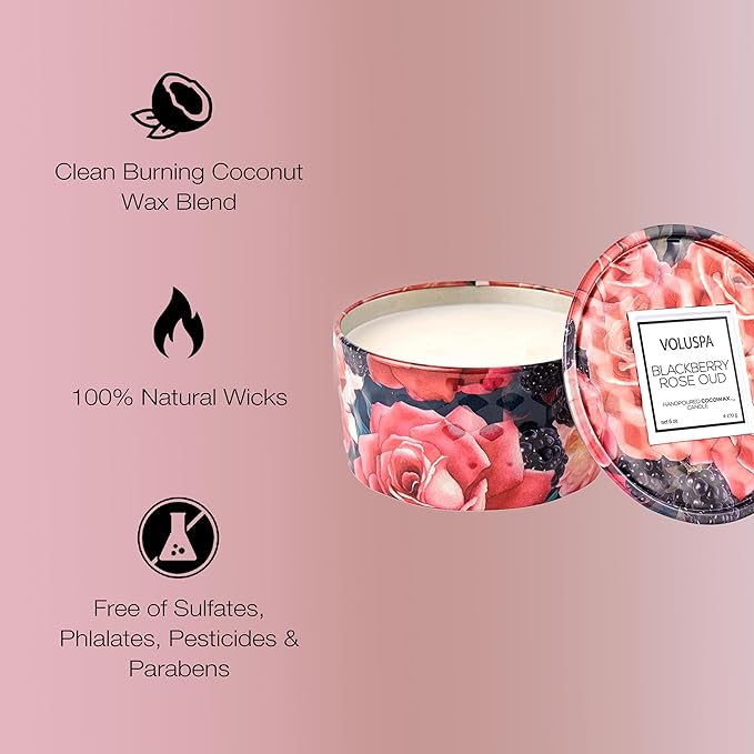 Voluspa BlackBerry Rose Oud, 2 Wick Tin Candle, 8 oz, 25 Hour Burn Time, Coconut Wax for Clean Burning, Handcrafted in The USA