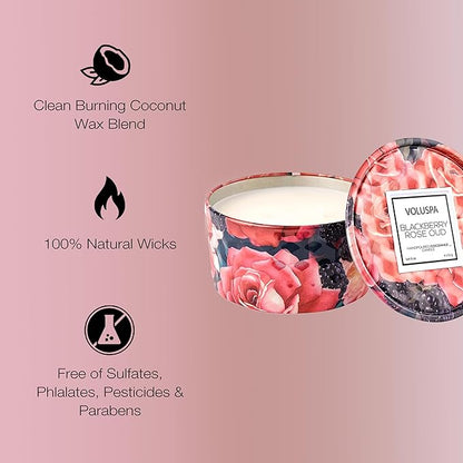 Voluspa BlackBerry Rose Oud, 2 Wick Tin Candle, 8 oz, 25 Hour Burn Time, Coconut Wax for Clean Burning, Handcrafted in The USA