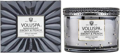 Voluspa Makassar Ebony & Peach, Corta Maison Boxed Candle, 11 oz, 45 Hour Burn Time, Coconut Wax for Clean Burning, Handcrafted in The USA