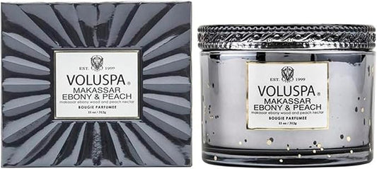 Voluspa Makassar Ebony & Peach, Corta Maison Boxed Candle, 11 oz, 45 Hour Burn Time, Coconut Wax for Clean Burning, Handcrafted in The USA