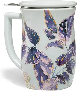 Tea Forte Ceramic Fiore Cup with Handle, Removeable Stainless Steel Infuser Basket and Lid, Steeps 14 oz Loose Leaf Tea, Dishwasher & Microwave Safe, Demoiselle