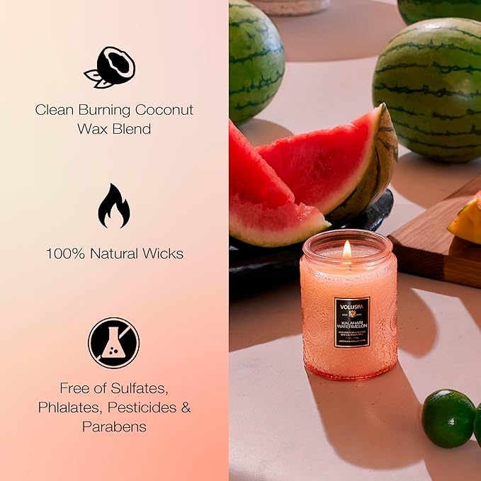 Voluspa Kalahari Watermelon, Small Candle Jar, 5.5 Ounces, 50 Hour Burn Time, Coconut Wax for Clean Burning, Handcrafted in the USA