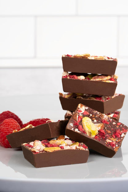 JoJo's Dark Chocolate Raspberries, Almonds, & Pistachio Bites 3.6 oz bags (Case Pack of 6)