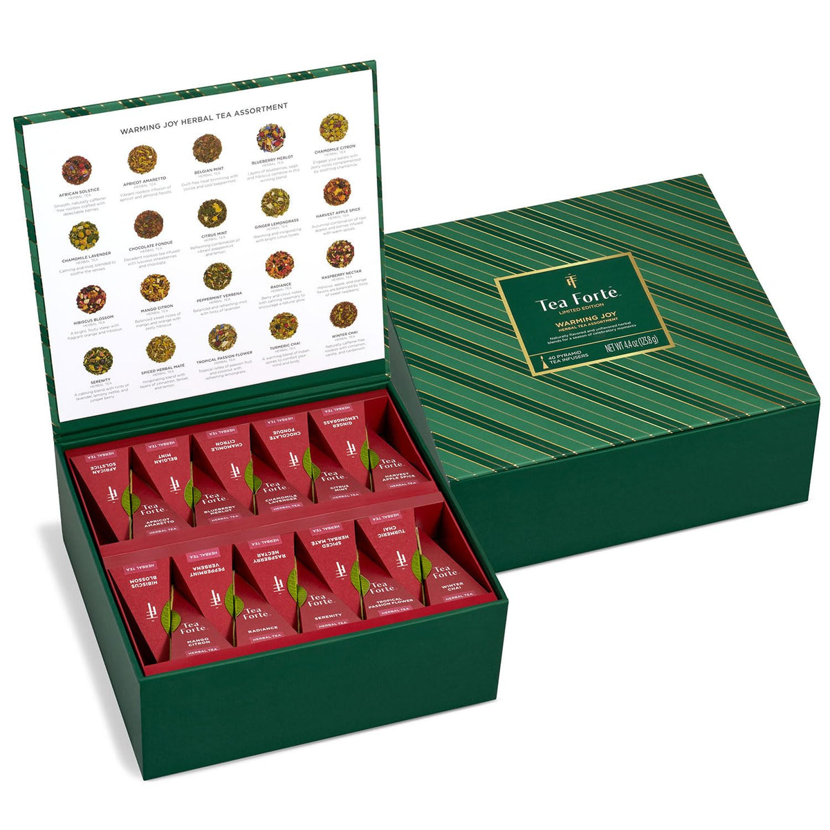 Tea Forte Warming Joy Tea Sampler Gift Set, 40 Pyramid Infuser Bags - Herbal