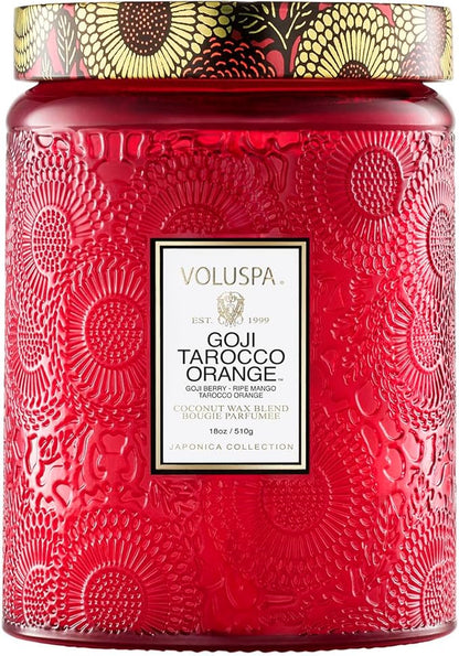 Voluspa Goji Tarocco Orange, Large Candle Jar, 18 oz, 100 Hour Burn Time, All Natural Wicks and Coconut Wax for Clean Burning, Vegan, Poured in the USA