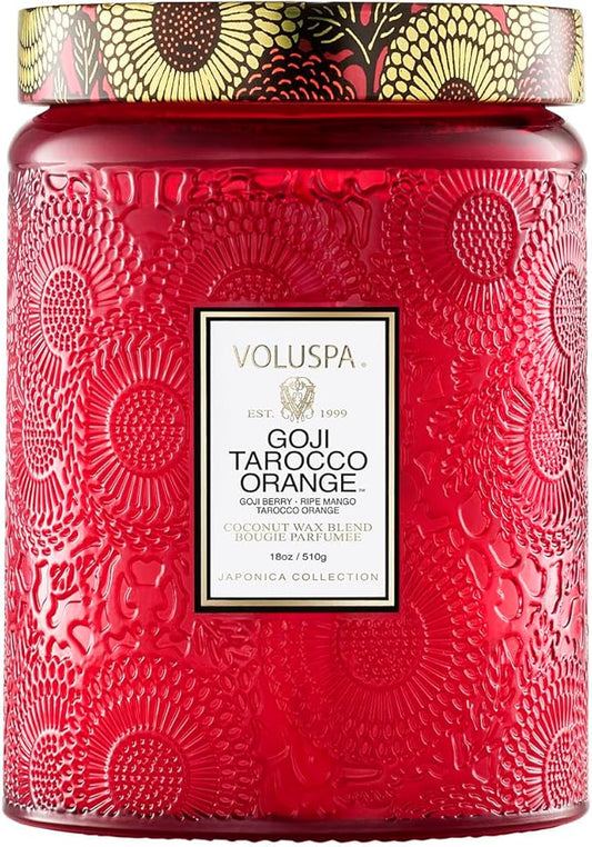 Voluspa Goji Tarocco Orange, Large Candle Jar, 18 oz, 100 Hour Burn Time, All Natural Wicks and Coconut Wax for Clean Burning, Vegan, Poured in the USA