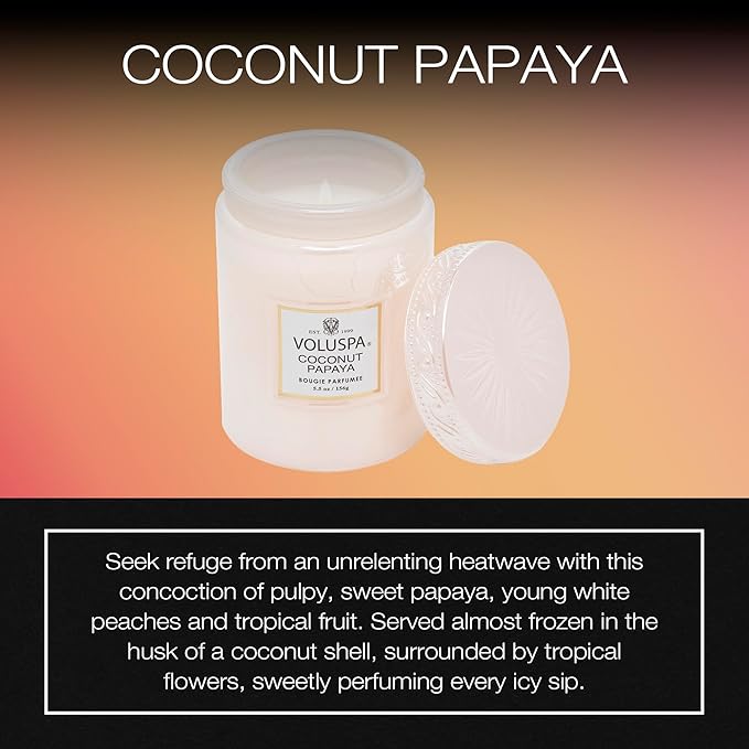 Voluspa Coconut Papaya, Small Candle Jar, 5.5 oz, 50 Hour Burn Time, Coconut Wax for Clean Burning, Handcrafted in The USA