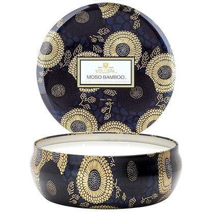 Voluspa Moso Bamboo, 3 Wick Tin Candle, 12 oz, 40 Hour Burn Time, Coconut Wax for Clean Burning, Handcrafted in the USA