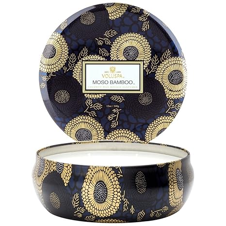 Voluspa Moso Bamboo, 3 Wick Tin Candle, 12 oz, 40 Hour Burn Time, Coconut Wax for Clean Burning, Handcrafted in the USA