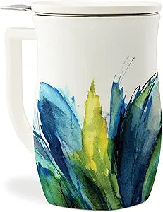 Tea Forte Ceramic Fiore Cup with Handle, Removeable Stainless Steel Infuser Basket and Lid, Steeps 14 oz Loose Leaf Tea, Dishwasher & Microwave Safe, Blue Agave