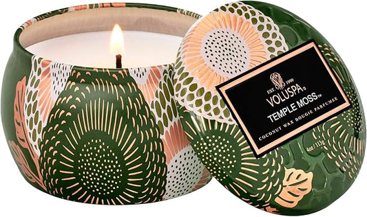 Voluspa Temple Moss, Mini Tin Candle, 4 oz, 25 Hour Burn Time, Coconut Wax Candle for The Home, Handcrafted in The USA
