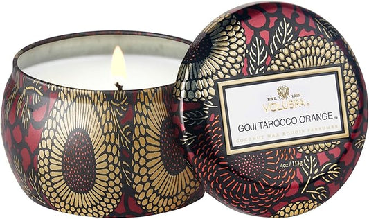 Voluspa Goji Tarocco Orange, Mini Tin Candle, 4 oz, 25 Hour Burn Time, Coconut Wax for Clean Burning, Handcrafted in the USA