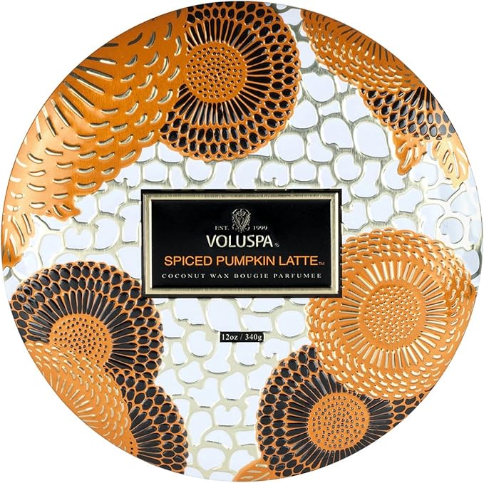 Voluspa Spiced Pumpkin Latte, 3 Wick Tin Candle, 12 Ounce, 40 Hour Burn Time, Coconut Wax for Clean Burning, Handcrafted in The USA