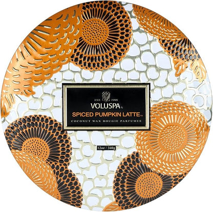 Voluspa Spiced Pumpkin Latte, 3 Wick Tin Candle, 12 Ounce, 40 Hour Burn Time, Coconut Wax for Clean Burning, Handcrafted in The USA