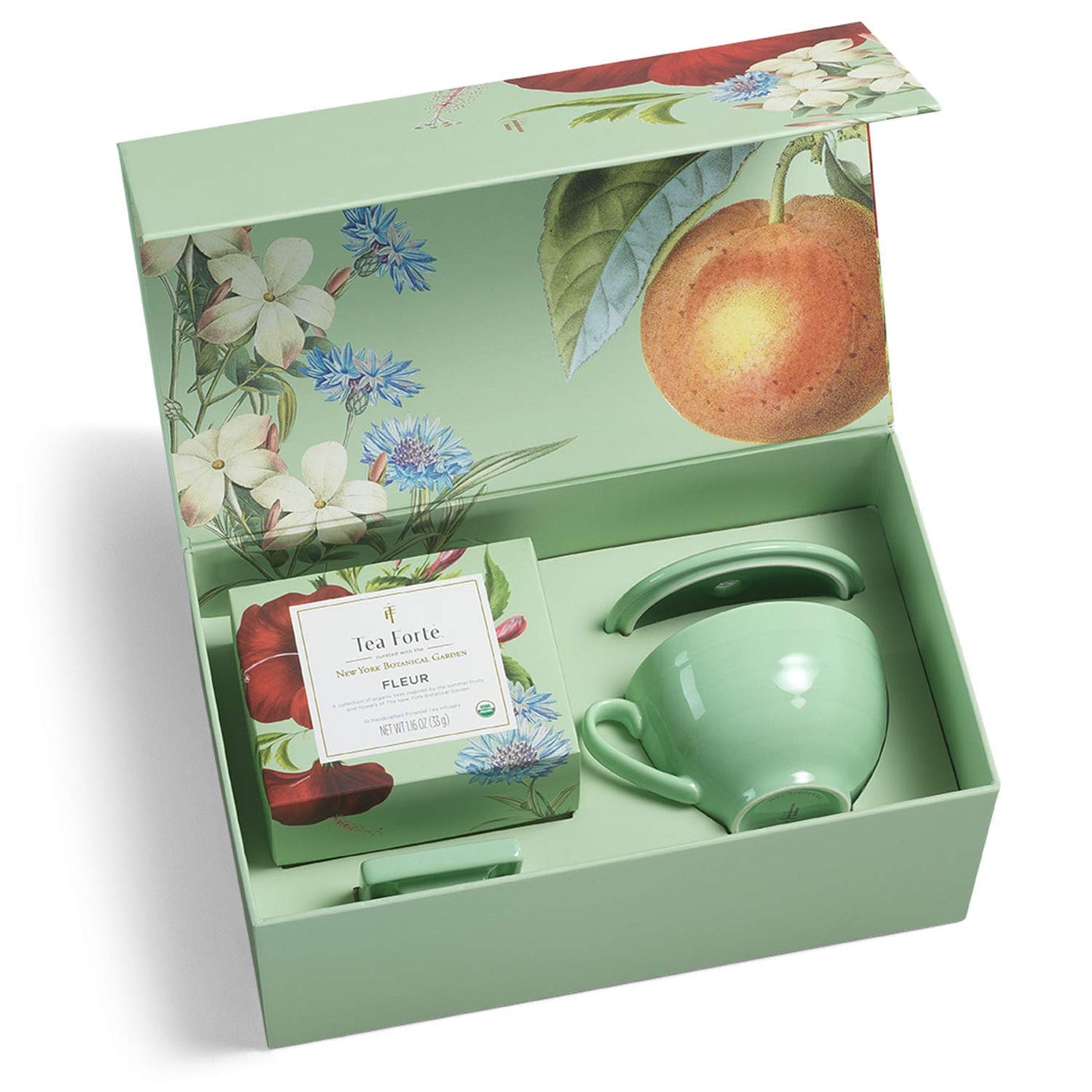 TEA FORTE Fleur Gift Set - Tea Cup, Cover, Tray, 10 Handcrafted Pyramid Teas