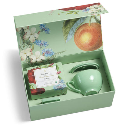 TEA FORTE Fleur Gift Set - Tea Cup, Cover, Tray, 10 Handcrafted Pyramid Teas