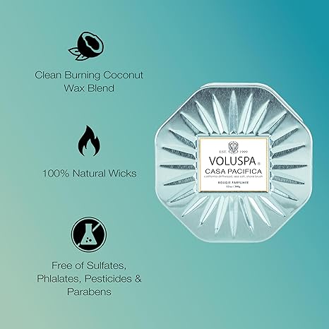 Voluspa Casa Pacifica, 3 Wick Tin Candle, 12 Ounces, 40 Hour Burn Time, Coconut Wax for Clean Burning, Handcrafted in The USA